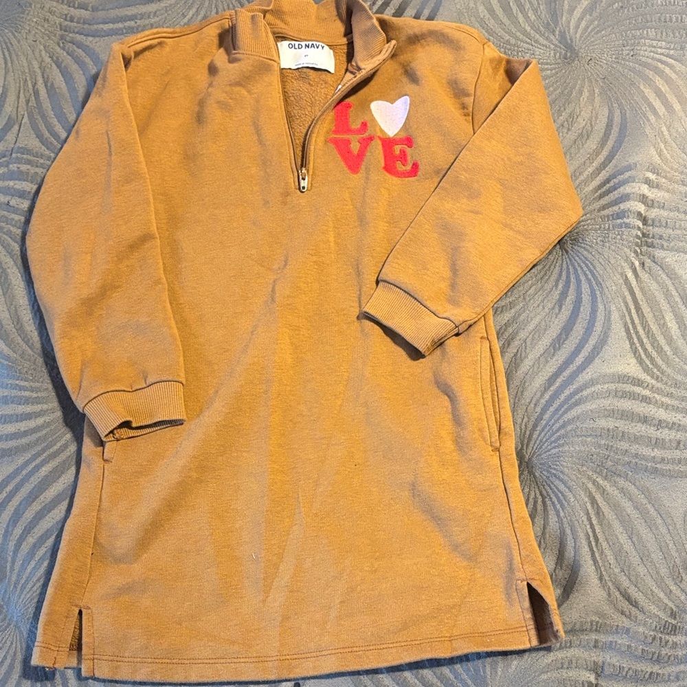 Old Navy Camel Pullover with Red and White Love Graphic